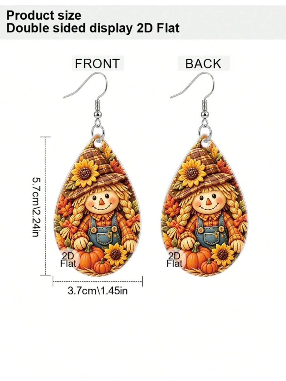 Fall Scarecrow Acrylic Dangle Earrings, Cute Pumpkin Sunflower Print Teardrop